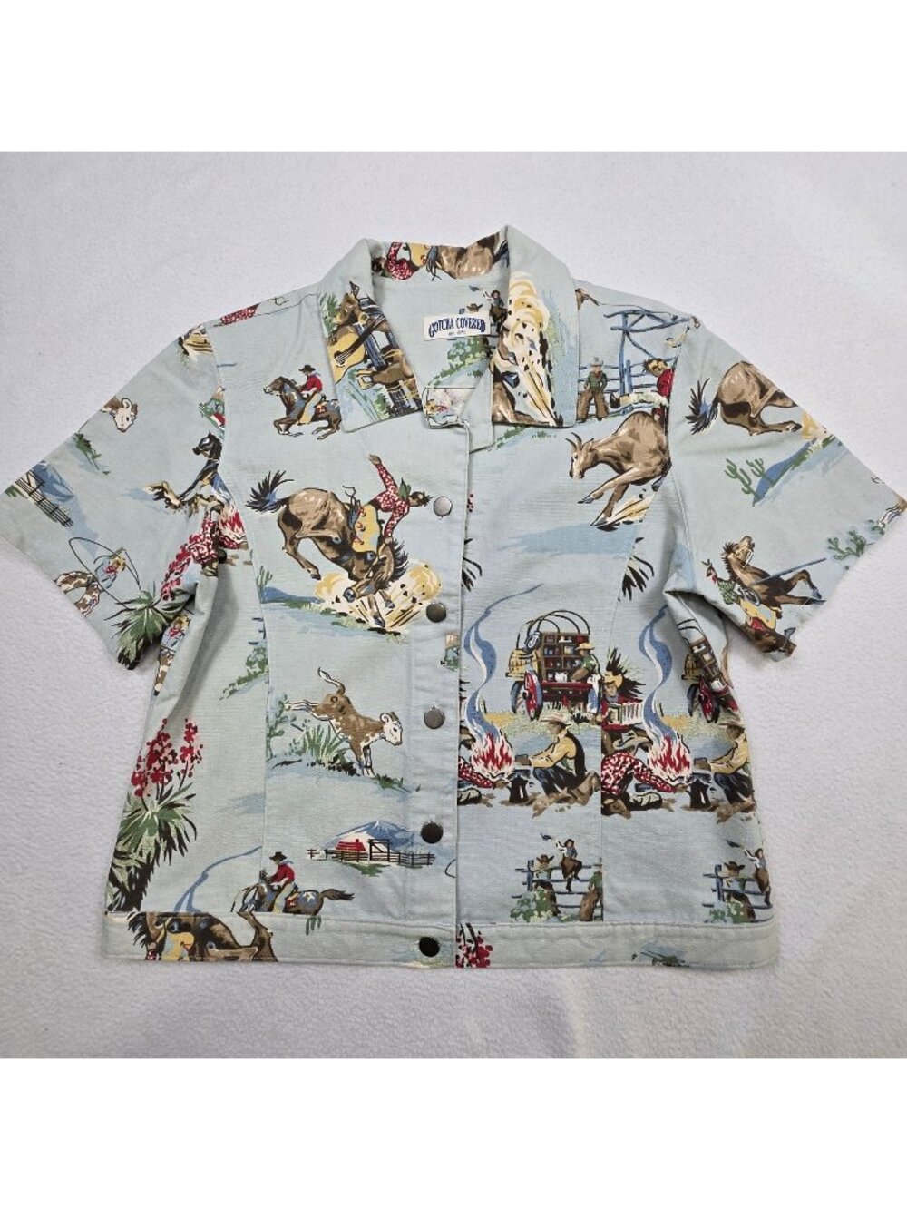 Large Womens Western Cowboy Theme Shirt Light Blue 100% Cotton Canvas Button-Up
